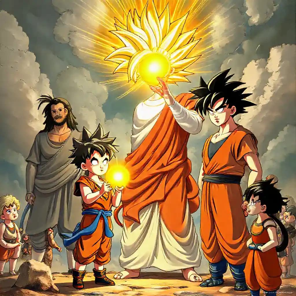 The image features a young Gohan holding a glowing sun in his hand, standing next to Jesus Christ powering up into a Super Saiyan form. Human Goku and Son Goku are also present, along with various other Dragon Ball characters. The background shows a mix of real-life and Dragon Ball elements, blending seamlessly to create a fantastical setting. The characters are depicted in a detailed Dragon Ball style, capturing their intense emotions as they prepare for battle. The portrait of Goku is particularly striking, showing his determination and power as he transforms into a Super Saiyan.