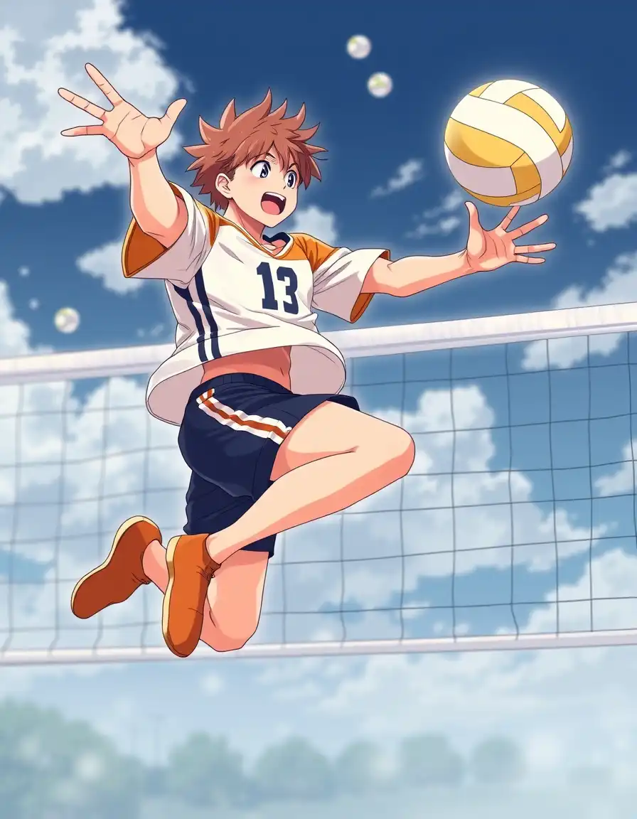 Shoyo hinata from haikyuu jump in the air with his volleyball outfit on and hit the ball the volleyball 