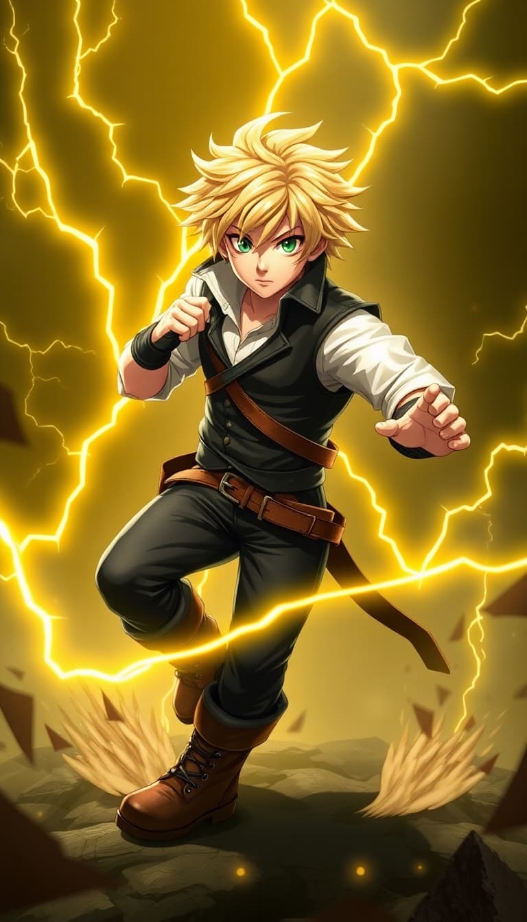meliodas, chef des seven deadly sins, is rendered in ultra yellow, a realistic vision. the small but athletic meliodas, with tousled blond hair and sparkling green eyes, wears a black vest over a white shirt, dark pants, and boots. he poses dynamically with full counter activated, surrounded by golden lightning and swirling energy, in an epic, cinematic scene.