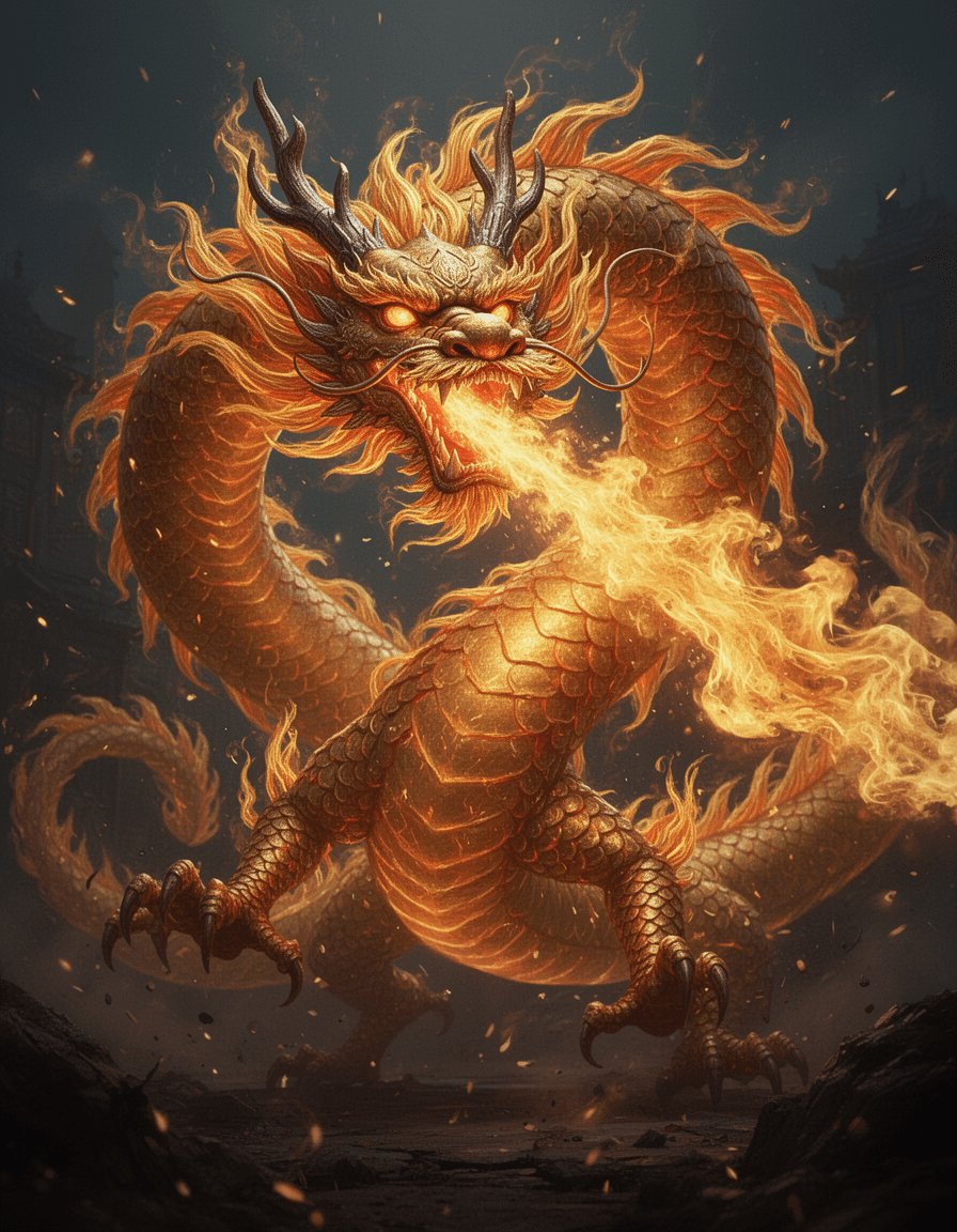 Chinese fire dragon, ultra realistic, breathing fire, orange and gold flames, dynamic motion, extremely detailed scales, glowing body, epic fantasy style, cinematic lighting, high detail, 8K, dark background