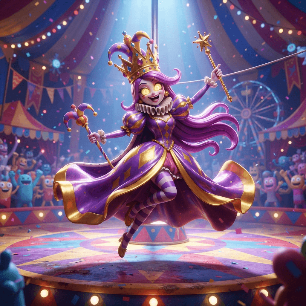 Queenie from The Amazing Digital Circus, regal cartoon queen character with a tall crown and elegant flowing gown, dynamic playful action pose under the big top, glossy 3D circus style, polished expressive 3D animation, bright colorful Amazing Digital Circus environment, no text, no logo, no watermark