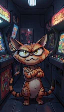 Grumble Cat. A dark arcade lit by the cabinets. Grumble Cat is leaning back with arms crossed, chin lifted. A single whole figure, face in view, clear of everything else in the frame.