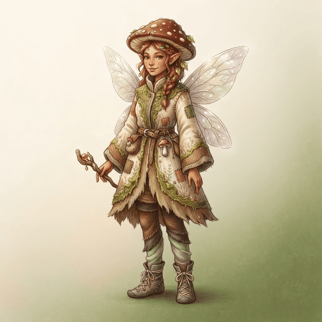 original character design of an adult mushroom fairy fully clothed in a cream and brown mossy coat, round toadstool hat, translucent wings, full body standing pose, wholesome storybook style, clean soft gradient studio background, vibrant, crisp high detail, digital illustration, no text, no words, no watermark