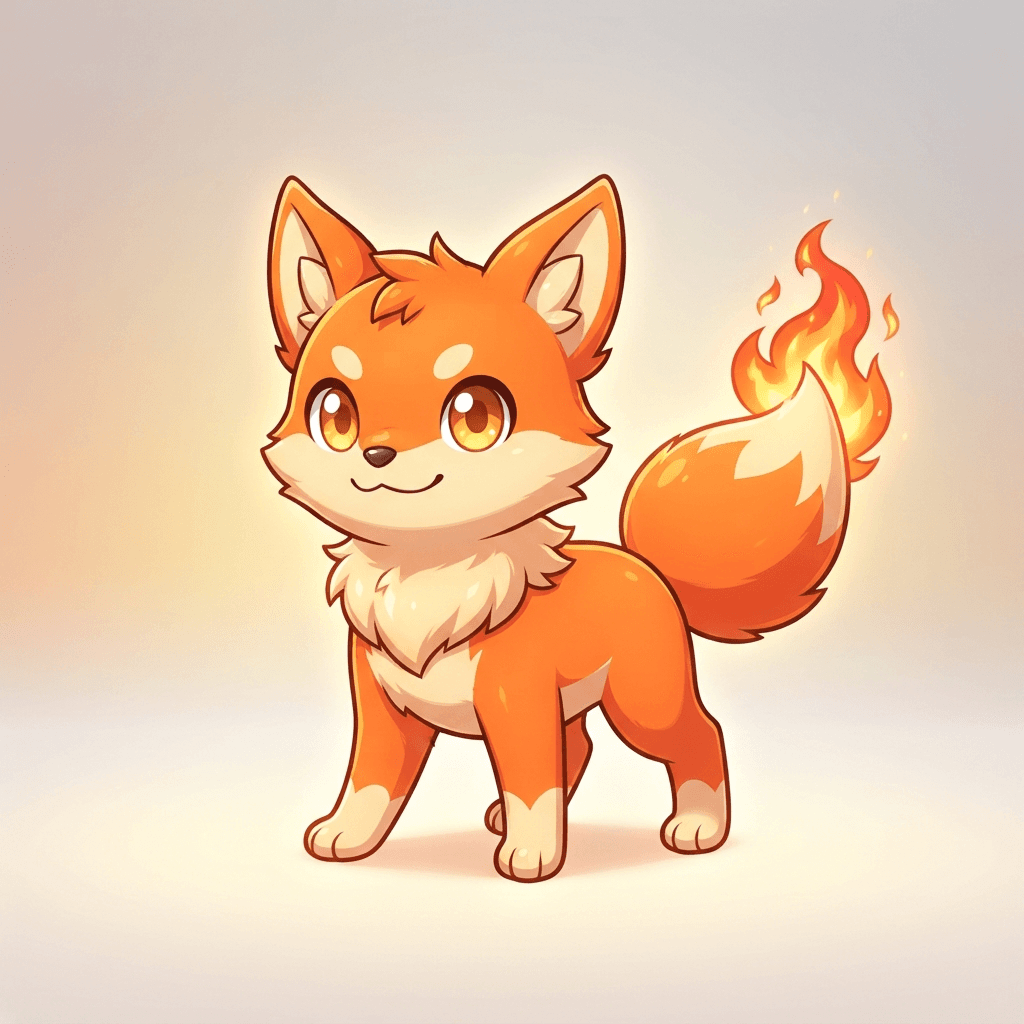 original pocket monster creature, fire type, small fox-like body with ember-tipped tail flames, big bright eyes, bold simple silhouette, two-tone orange and cream, official anime monster art style, clean soft gradient studio background, vibrant, crisp high detail, digital illustration
