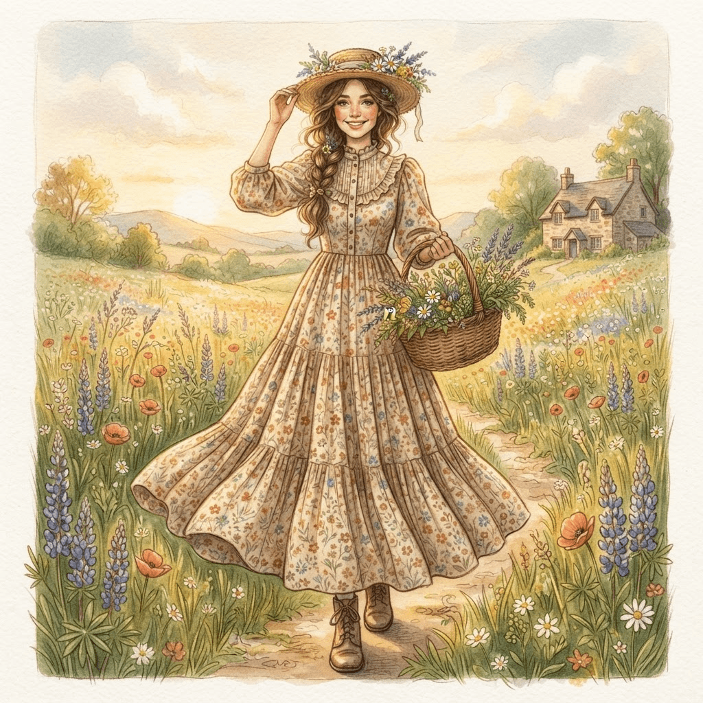 cottagecore fashion, floral prairie dress, straw hat, wildflower basket, warm pastoral tones, full length gown look, fashion illustration, full body