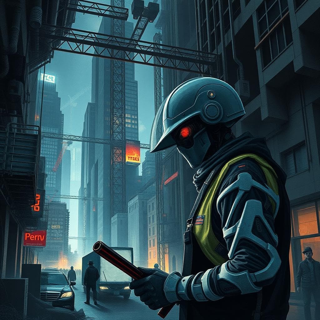 a constrctuion worker, corporate propaa sci-fi Noir post-futuristic scene of a city underbelly, caves of steel, robotic humanoids, isaac, uncanny, Asimov book cover style of Michel Whelan and Masamune Shirowm, high quality, premium, matt, hans, aesthetic, graphic novel, ghost in the shell and akira,