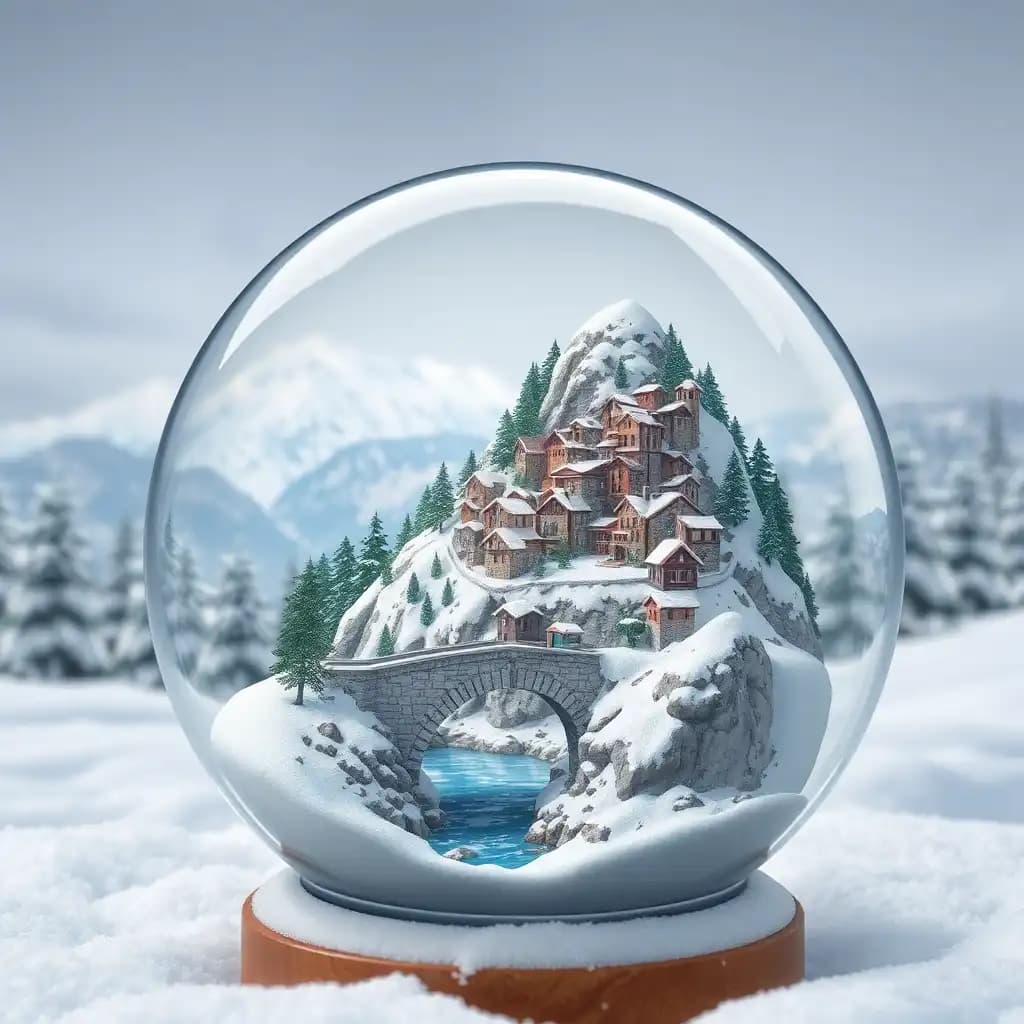 A close-up, high-resolution illustration of a transparent snow globe containing a miniature medieval countryside village in winter. The village is built on a mountain slope and features terraced houses. At the bottom of the mountain, a river flows under a round stone bridge in the Roman style. The background is a serene landscape of snow-covered fir trees and snow-capped mountains.
