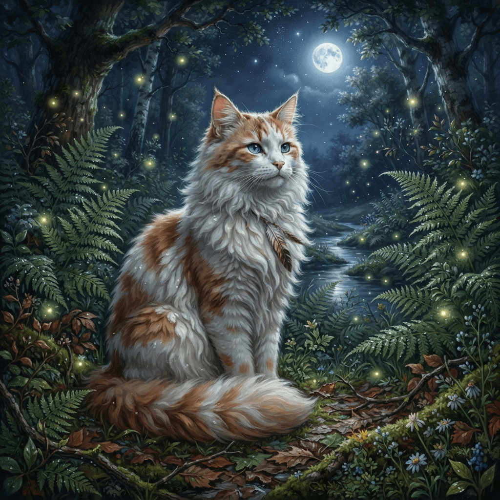Original feral cat character, fluffy white and ginger she-cat with blue eyes in a moonlit fern clearing, painterly