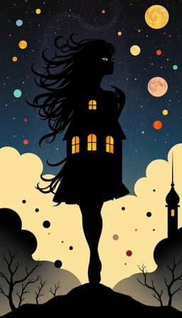woman‑house hybrid silhouette portrait against a mystical night sky, the hybrid figure—flowing hair, chrome‑reflective angular architecture, eyes swirling rainbow motifs—emerges from shadowy architectural forms with bold uniform linework and crisp decorative edges. surround the scene with a joan miro‑inspired background of whimsical organic shapes, playful black lines, and floating primary‑color blobs that echo surreal constellations without obscuring the hybrid. include subtle wood‑grain and newsprint texture hints, layered paint surfaces, and a calm, soft cinematic mood with gentle contrast and a faint glow.