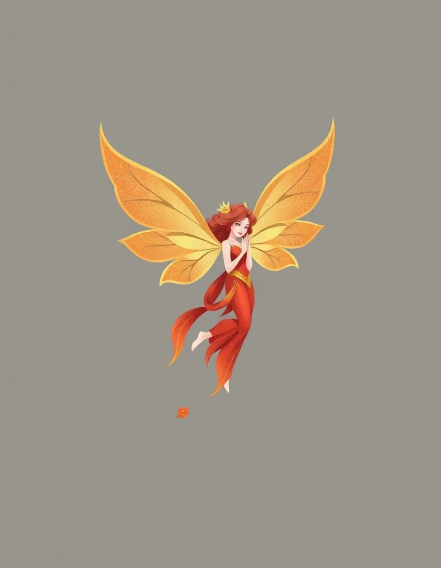 Golden winged forest fae floating gently, elegant fantasy character, soft red and gold colors, clean cartoon illustration, centered on gray background, tee design