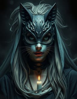 a dark fantasy horror scene featuring a high priestess wearing a cat mask, rendered in dynamic motion portrait style with dramatic makeup and hair