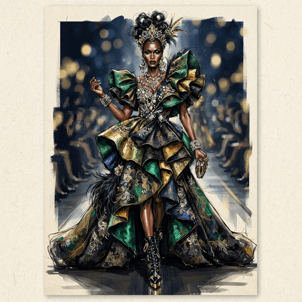 high fashion icon look, runway couture, dramatic proportions, editorial styling, styled with statement accessories, fashion illustration, full body