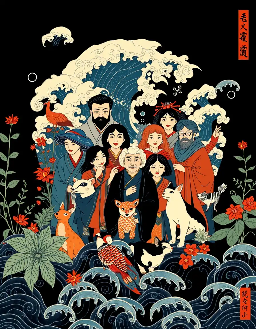 an ukiyo-e style group portrait of people and animals on a deep black background, with plants surrounding the group and intricately detailed patterns of stylized waves and clouds filling the negative space. people and animals blend together in harmony, with bold, flat outlines and vibrant colors such as vermilion and indigo.
