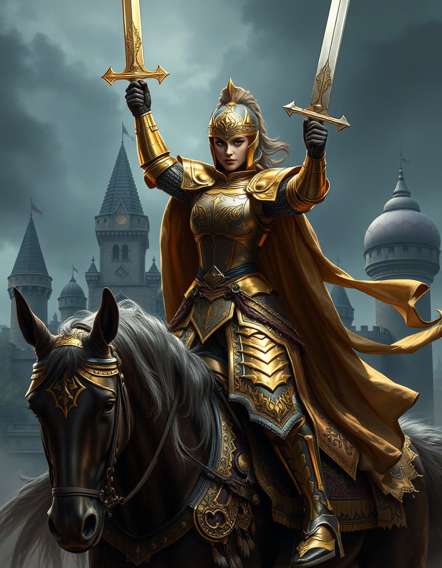 Photo ultra realiste, art numerique. Stunning fantasy concept art of a majestic female knight in intricate golden armor riding a warhorse. Raising her sword in triumph before a medieval castle, this epic warrior queen offers perfect inspiration for D&D characters, fantasy world-building, and digital art lovers. ​10 parasta hakusanaa (Tagit) ​#FantasyArt #FemaleKnight #CharacterDesign #WarriorQueen #MedievalFantasy #DigitalIllustration #ConceptArt #DnDCharacter #ArmorDesign #EpicFantasy