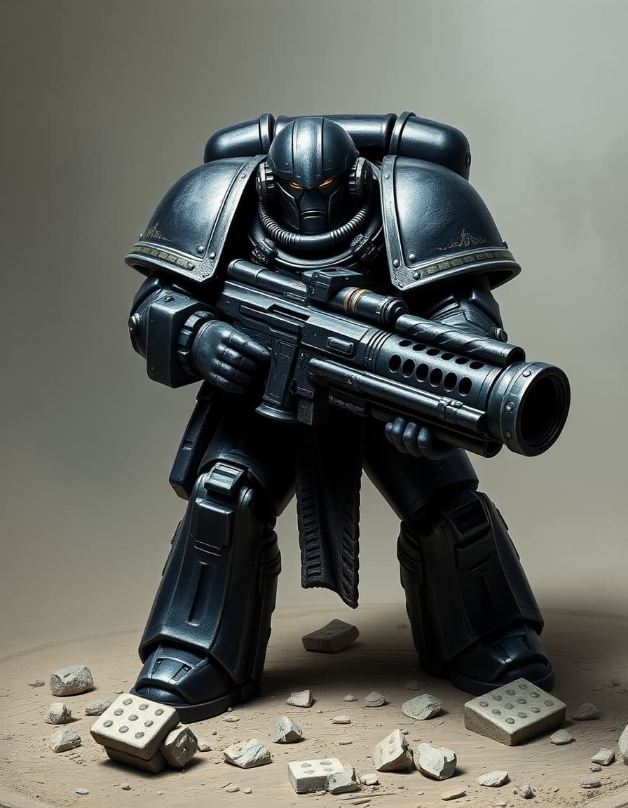 Warhammer 40K space marine in blacked out tactical armor, wielding a massive minigun