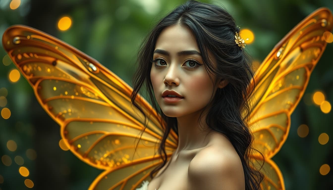 Ultra-realistic beautiful fairy woman portrait in enchanted forest, golden transparent butterfly wings, soft green forest background with glowing fireflies, natural skin texture, cinematic lighting, shallow depth of field, extremely detailed, 8k, true image, magical fairy atmosphere.