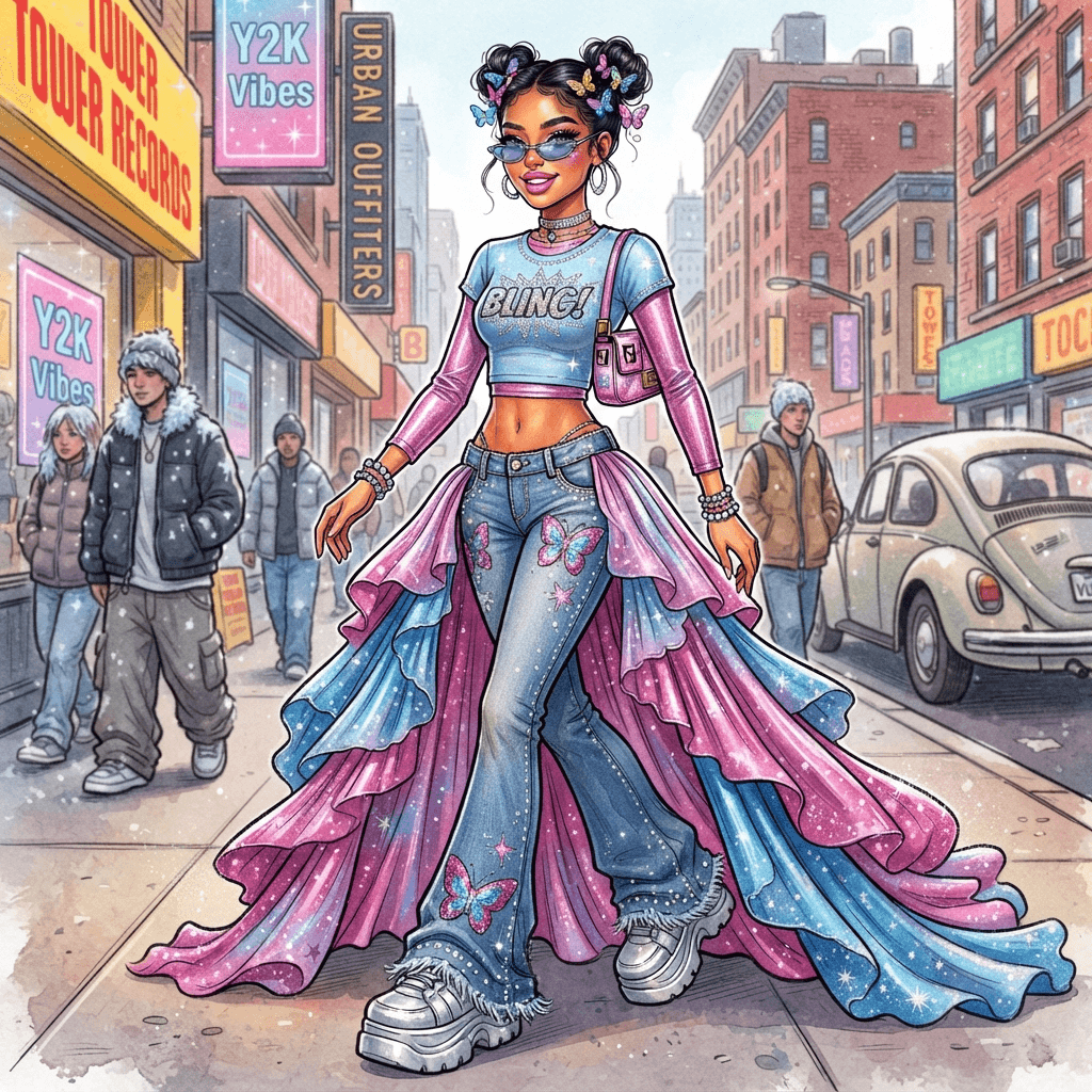 y2k fashion, low rise jeans, baby tee, butterfly clips, tinted sunglasses, metallic pink and blue, full length gown look, fashion illustration, full body
