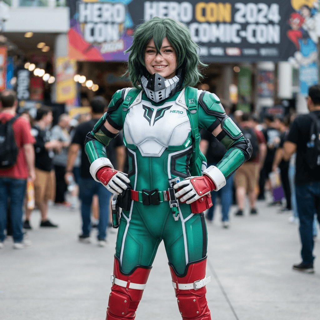 a green haired young hero in a green and white bodysuit with red boots and a face mask, cosplay portrait, waist up, detailed costume