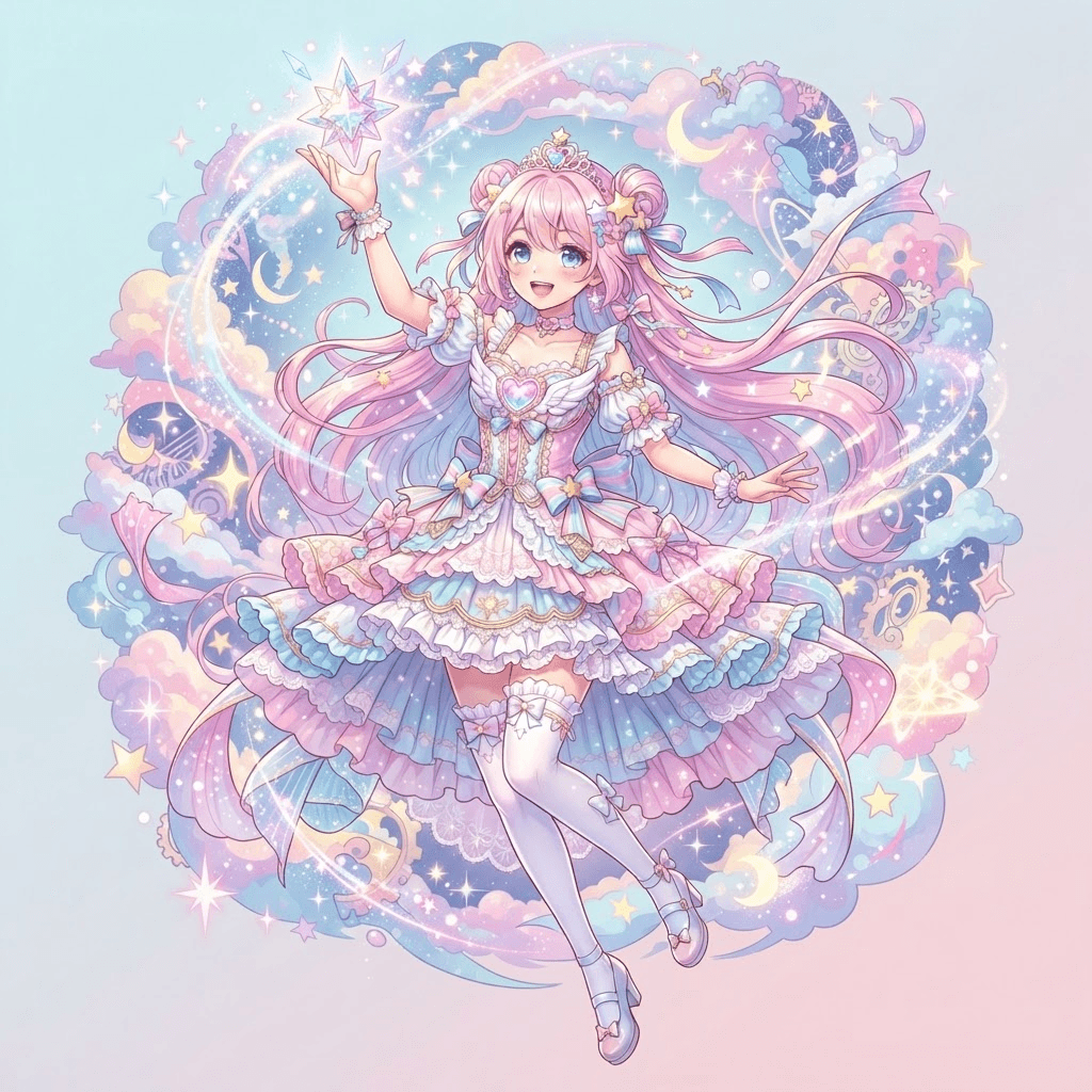 original character: a magical girl in a frilled layered dress with ribbons and puffed sleeves, holding a glowing gem aloft, surreal collage clouds swirling behind her, bittersweet pastel magical girl anime illustration, clean soft gradient studio background, vibrant, crisp high detail, digital illustration