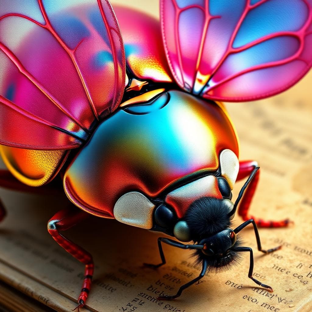 A hyper-realistic, highly detailed digital painting of a magnificent, surreal ladybug with an iridescent exoskeleton, covered in vibrant red, gold, and pink hues. Its wings are semi-transparent and intricately structured, showcasing an elaborate blend of neon blue, purple, and orange veins that resemble stained glass. The ladybug has an intense gaze, with its eyes focused on a ant. The ant, caught mid-struggle, has delicate, translucent eyes and a fuzzy black body,; Dusty ancient tomes; Mind's inner mirror