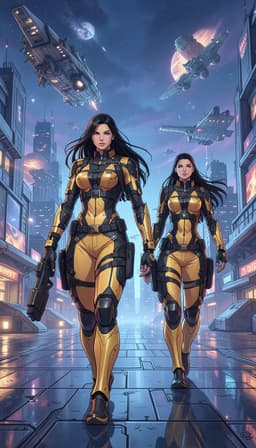 Woman with black straight hair, tanned, hair in the wind, standing as a cyborg in a futuristic sci‑fi city filled with intergalactic ships, full shot, front view. Andromeda, a separate figure, strides forward beside her, sharing the same lighting and atmosphere.