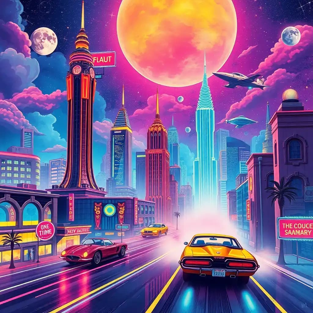 Create a dazzling retro-futurism landscape with a city of ethereal allure. Here, art deco towers and flying cars coexist with a vibrant pop art aesthetic, creating an electric atmosphere. Narratives flash by in comic book storyboards, in colors so vivid they transport viewers into a saga of dreamlike exploration.