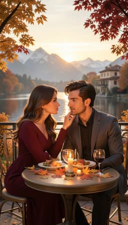 Elegant, a woman with long wavy brown hair, natural beauty and elegant demeanor, sits at an elegant autumn terrace table wearing a sophisticated long‑sleeve burgundy dress, modest and refined. Oro, an Italian man with slightly tousled dark hair, expressive warm eyes, and a polished anthropomorphic masculine face, is dressed in a charcoal‑anthracite tailored suit with a black shirt. They sit very close, gazing intensely into each other’s eyes, their expressions tender, intimate, trusting and emotionally in sync. Elegant’s hand gently brushes Oro’s cheek. The terrace overlooks a calm lake framed by trees in gold, amber and deep red leaves; vintage lanterns and candles cast a soft warm glow. In the background, the setting sun reflects on the lake, highlighting distant snow‑capped mountains and a European‑style villa. A small, elegant dinner table in the foreground holds candles, refined tableware, autumn leaves and two wine glasses, illuminated by golden‑hour light softened by candlelight. Vertical format 9:16.