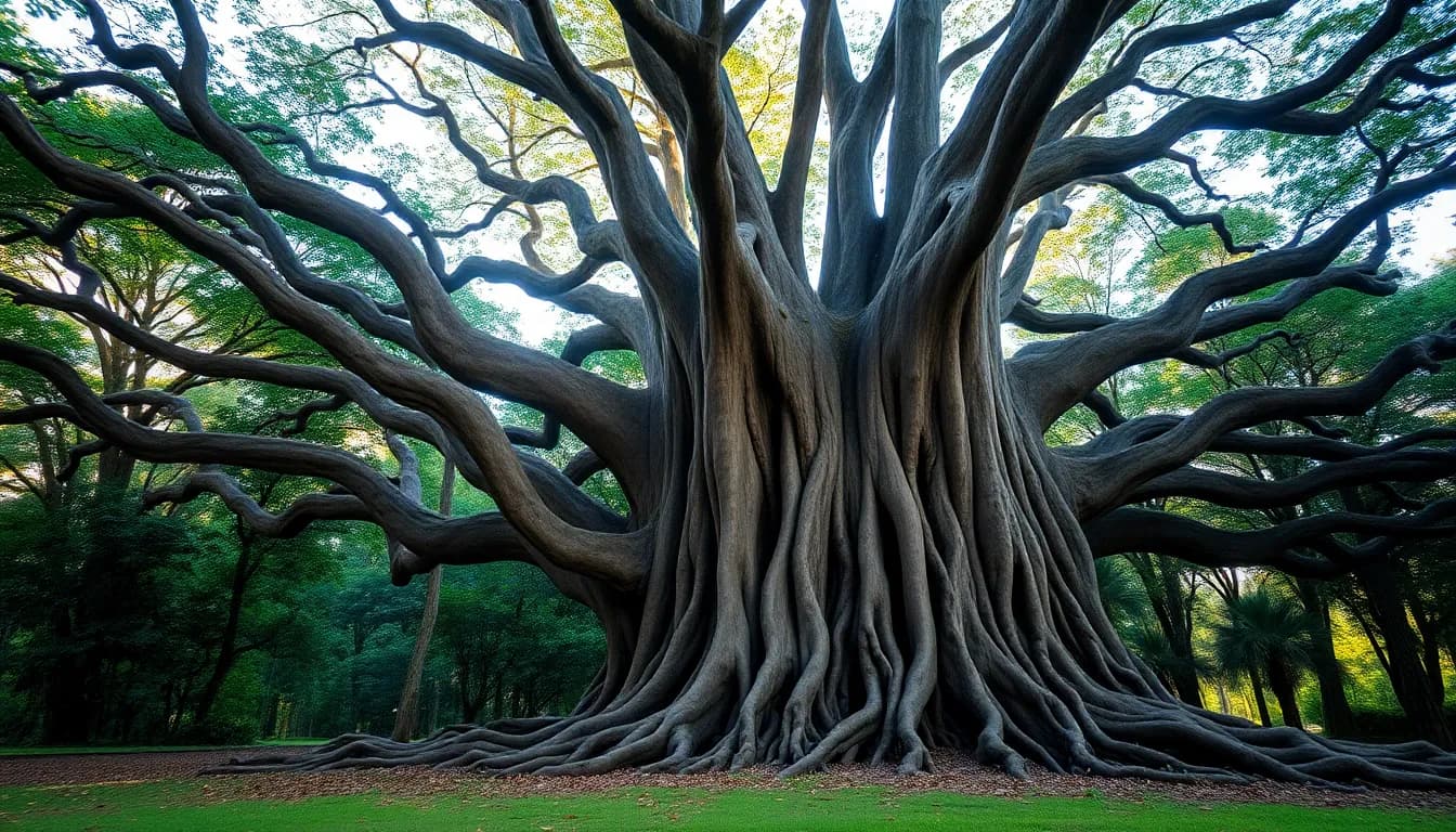 A large ancient banyan tree at the edge of a green forest, morning light, detailed roots, realistic nature photography