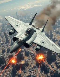 two‑engined sci‑fi bomber with a gear‑heavy cockpit, painted light grey, leaving smoky trails behind it, soaring above a battle‑ravaged city where laser fire erupts from the ground, rendered in a terrazzo pattern style featuring specked marble, quartz, granite, glass and shell fragments embedded in a polished cement matrix, bold color combinations, mosaic‑like texture and miniature geological cross‑sections.