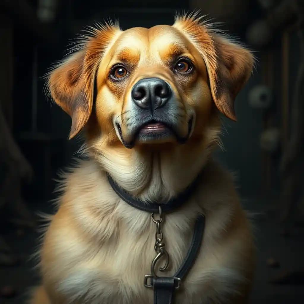 A strange creature named Max, with features of a golden retriever and a service dog, in a surreal and bizarre setting.