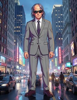 Add a busy city backdrop with tall buildings and urban energy behind the character, keeping the character exactly the same.