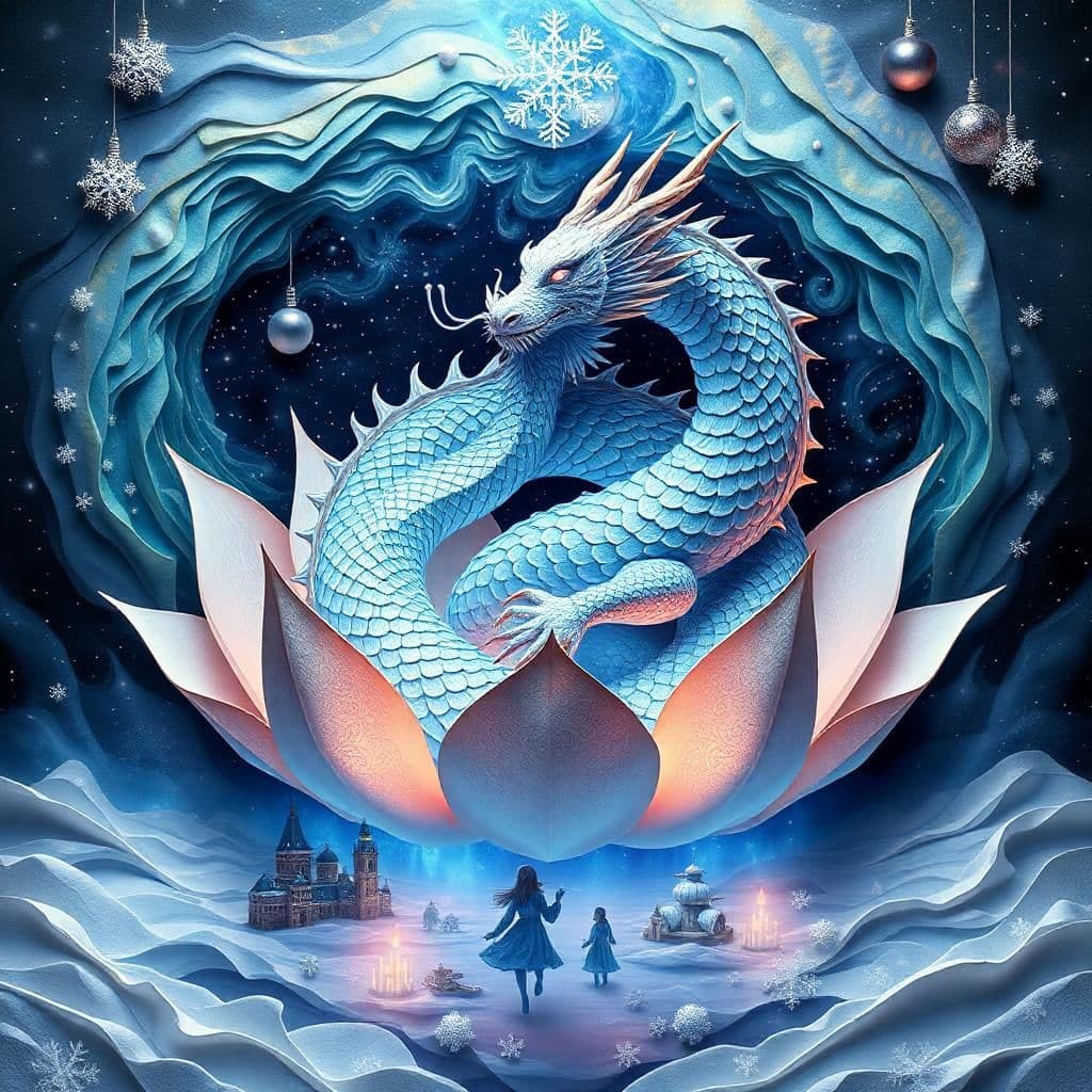 "a cosmic lotus dragon coiled within a swirling nebula of iridescent, paper-like folds, its scales shimmering like stardust and pearls. the dragon's eyes burn with a soft, ethereal blue fire, casting an otherworldly glow. beneath the lotus, a void like a dark, sparkling ice rink of folded paper reflects a winter wonderland dreamscape: snow-covered cities, melting snow clocks, and ghostly figures dancing amidst intricately folded paper snowflakes, with frosty aurora borealis swirling above and delicate icicles hanging like crystalline lace. the dragon's plumage oscillates between falling snow and a wintry sunrise, as its gentle, mystical roar echoes through a haze of glittering snowflake dust."