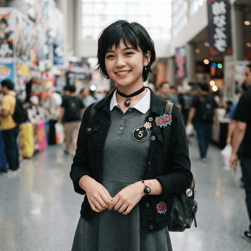 a short dark haired girl with a choker and a bomb pin motif in a simple casual dress, cosplay portrait, waist up, detailed costume