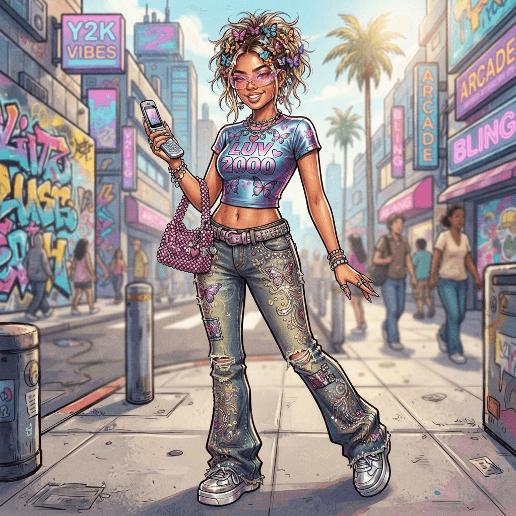 y2k fashion, low rise jeans, baby tee, butterfly clips, tinted sunglasses, metallic pink and blue, styled with statement accessories, fashion illustration, full body