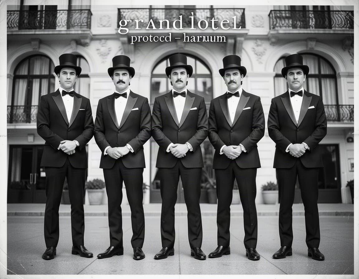 formal tuxedos: black and white photograph, five distinguished male figures in identical black tuxedos with satin lapels, white dress shirts, black bow ties, polished black dress shoes, each wearing a top hat; figure1: clean‑shaven, hands clasped, direct gaze; figure2: mustache, hands in pockets, direct gaze; figure3: clean‑shaven, hands clasped, direct gaze; figure4: mustache, hands in pockets, direct gaze; figure5: clean‑shaven, hands clasped, direct gaze, standing in a static frontal stance before a grand hotel facade with arched windows and ornate balconies, vintage album cover aesthetic, overlay reading "grand hotel – protocol harum", high contrast monochrome, symmetrical composition, shallow depth of field, cinematic lighting, 85mm portrait lens.