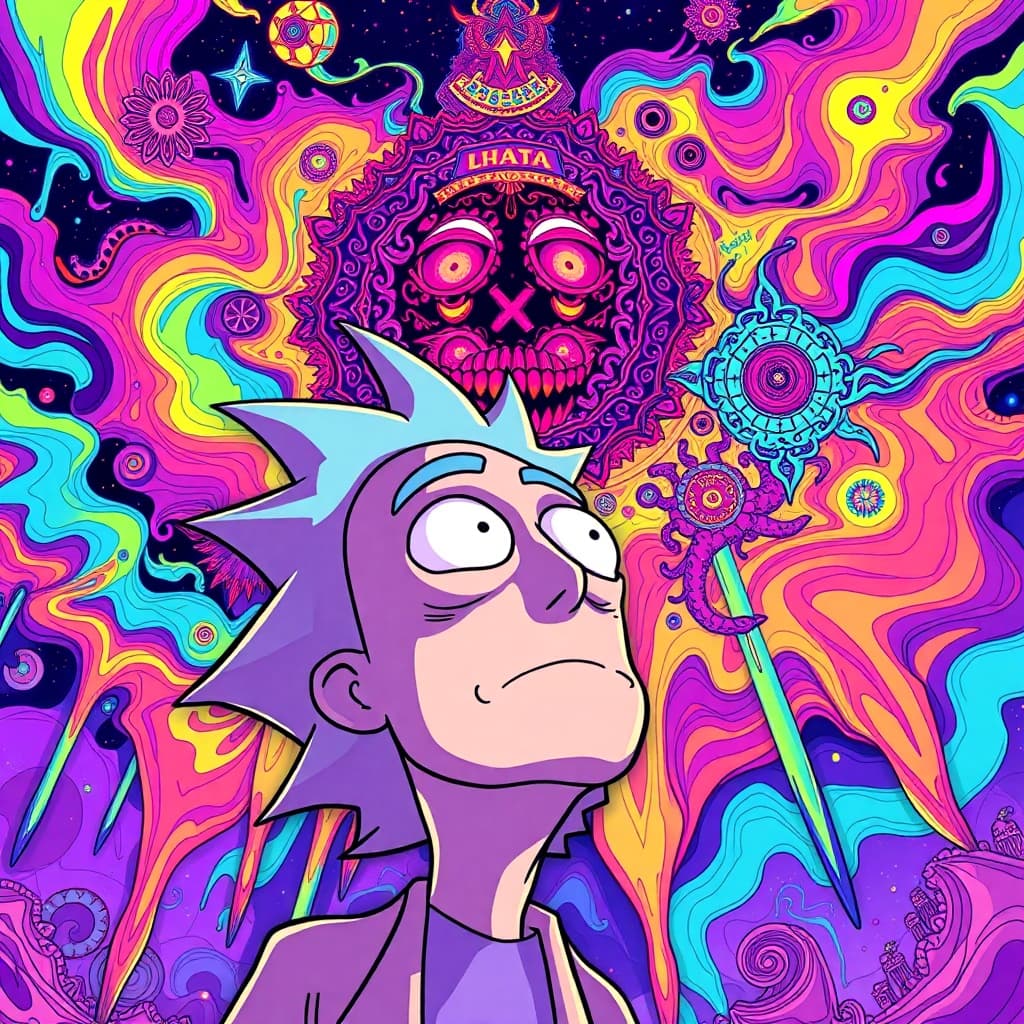 Rick from rick and Morty is  gazing up as reality melts above them, dripping psychedelic colors, swirling mandalas forming faces and symbols, trippy dream logic visuals, acid trip aesthetic, Rick and Morty cartoon style, smooth bold outlines, high saturation, surreal animated sci-fi fantasy •	ultra psychedelic
	•	4k detailed illustration
	•	vaporwave + LSD art fusion
	•	surreal animation still
	•	extreme color saturation
	•	trippy fractal heaven