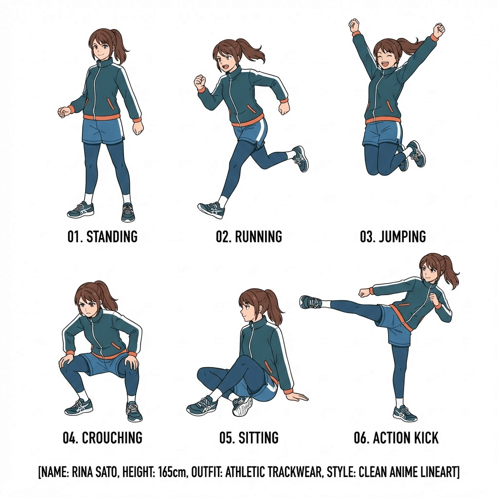 character pose reference sheet, original anime heroine in track jacket and shorts, six dynamic poses - running, jumping, crouching, sitting, standing, action kick - clean silhouettes, professional pose study sheet