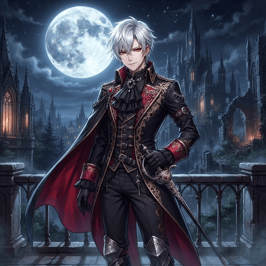 anime style k-pop boy idol, moonlit dark fantasy aesthetic, silver-white hair, crimson eyes, elegant dark gothic uniform, vampire prince vibe, glowing full moon background, cinematic, crisp high detail, digital anime illustration