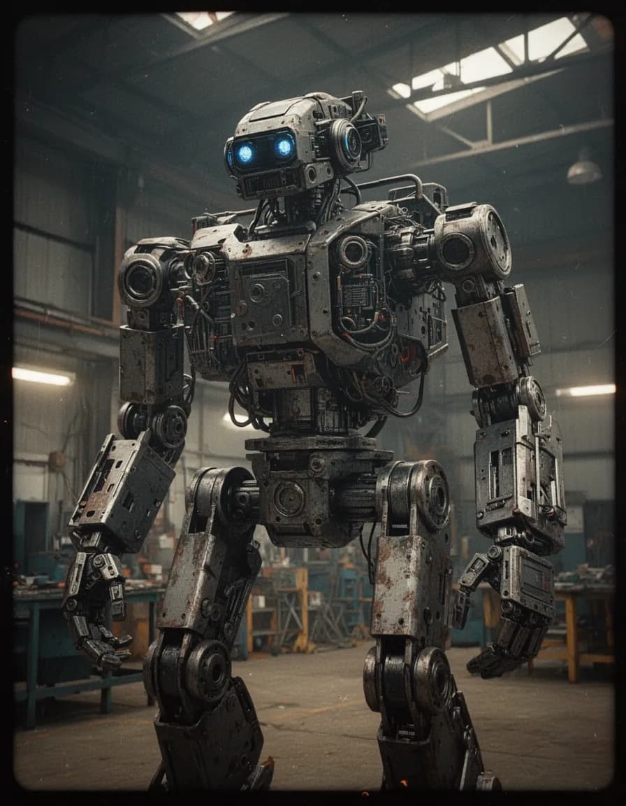 Show this robot in realistic depiction built from various industrial materials Cinematic film still, shot on v-raptor XL, film grain, vignette, color graded, post-processed, cinematic lighting, 35mm film, live-action, best quality, atmospheric, a masterpiece, epic, stunning, dramatic Cinematic film still, shot on v-raptor XL, film grain, vignette, color graded, post-processed, cinematic lighting, 35mm film, live-action, best quality, atmospheric, a masterpiece, epic, stunning, dramatic 8K resolution depth of field dynamic lighting