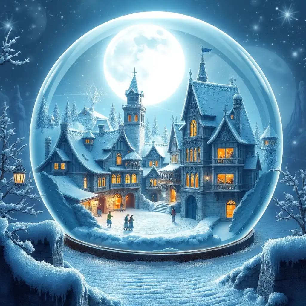 "a breathtakingly, heart-stoppingly wintery illustration of a colossal, crystal-clear snow globe. 

inside, a glittering, high-resolution miniature medieval village beckons, shining like a treasured frost-covered gem, its ancient buildings crafted from intricately carved, translucent ashlars that radiate an ethereal moonlit glow, illuminated by a thin layer of frost that clings to the stone like delicate lace.

the village's long-abandoned facades have been reborn with radiant, frozen-electricity accents that illuminate the frost-covered streets, glowing with an otherworldly light that emanates from an unseen, icy blue luminescent source. holographic advertisements now hang like icicle-covered lanterns, casting a kaleidoscope of colors onto the snow-dusted cobblestones below.

the village's icicle-hung houses are now cloaked in crystalized frost that hangs like a shimmering veil, the windows glowing with a soft blue light that radiates from inside, where candles are flickering like diamonds in the cold darkness. the cobblestone streets themselves have become mesmerizing, shimmering sheets of solid ice, pulsing with a soft, blue electroluminescent glow that echoes the interior of the village's warm, candlelit taverns.

at the bottom of the frozen mountain, a serene and tranquil river glimmers in a soft white light, its surface stretching out like a delicate, brushed-metal wire that disappears into the darkness, only to reappear again on the other side of the majestic, roman-style bridge, whose icy stone foundations glow softly like the interior of a glacial refrigerator.

the bridge's frozen arches tower above the frozen landscape, their gleaming, frost-covered surfaces reflecting the twinkling stars above, which twinkle and wink like tiny, suspended crystals as the gentle evening breeze stirs the village's crystalized, diamond-cut snowflakes into a swirling vortex of glittering, perfectly polished snow that shines with a crystal clear, optical quality, hypnotizing all who lay eyes on this frozen, electronic marvel.

the background unfurls as a breathtaking, crystal-capped spectacle, with snow-dusted fir trees that stretch up to the sky like a shimmering, sparkling ice-girdled sea, their crystalline branches glistening like the sharp, frost-bitten points of perfectly ground, razor-sharp crystal shards, while the night sky above glows like a soft, lustrous hologram, cast with scattered snowflakes that sparkle like sugar-spun crystal before disappearing into the delicate, feathery top branches of a miniature, delicate forest of fir trees that seem to pulse with an ethereal life of their own.

all the colors of the sky are dripping with tiny, perfectly balanced rainbows, causing the entire dreamlike landscape to transcend the visual boundaries of reality, the moon shining like a thousand tiny, celestial globes emanating a luminescent sheen through the crystal-clear, 'cybrid' atmosphere like a single, colossal entity that sits at the heart of the storm."