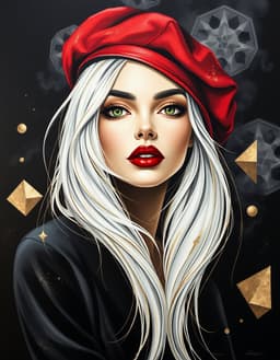 high glamour fashion illustration of a woman with long flowing white hair, vibrant red beret, bold red lips and soft green eyes, rendered in luxurious acrylic with metallic gold leaf and glitter, champagne‑toned palette, chic contemporary wall‑art aesthetic, designer motifs and upscale editorial elegance; set against a matte black backdrop with abstract geometric gradients, 3‑d papercut shapes, chalkboard‑like texture and carbon‑fibre patterns, smoky fog swirling softly, cinematic lighting and high‑contrast monochrome shading.