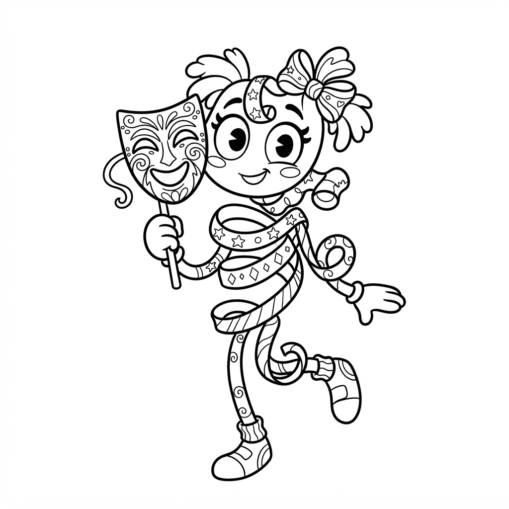 Black and white line art colouring page for kids, a ribbon character with a theatre mask, Amazing Digital Circus cartoon style, clean bold outlines, pure white background, no shading, no colour, no text, no logo