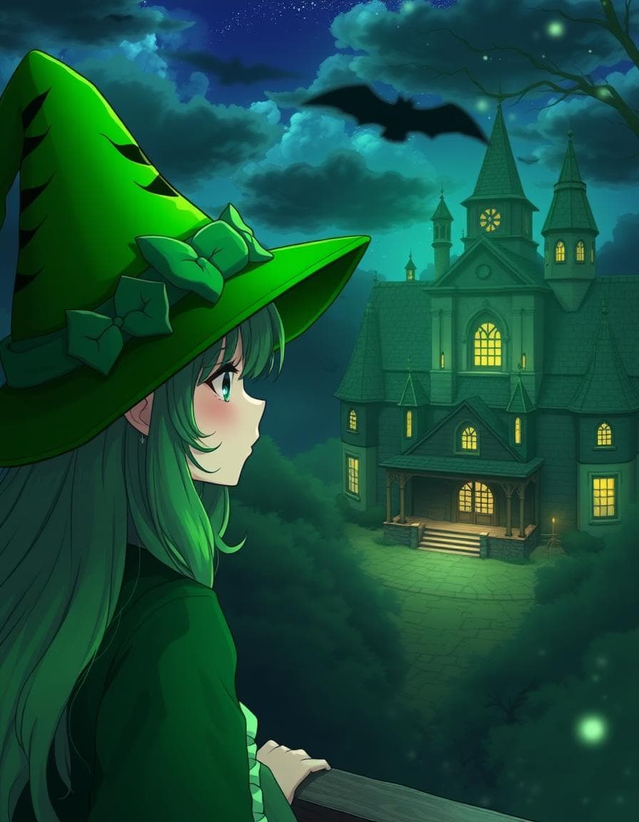a green gill overlooking a witchy school, celtic magic in the air, girl wearing a green witch hat looking at the school with the side of her face, anime spooky look
