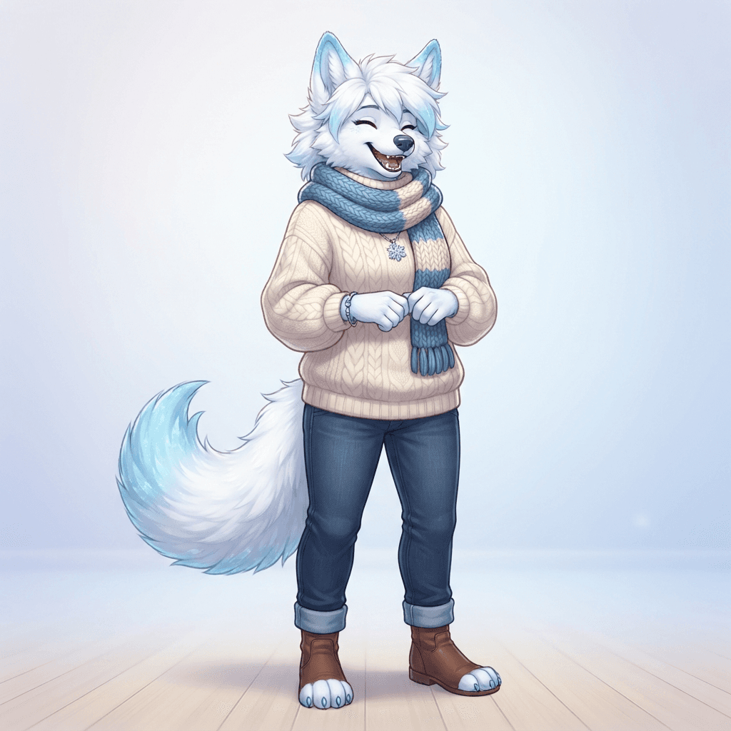 anthro arctic wolf fursona character, full body, gentle laugh, fluffy white fur with icy blue ear tips, wearing an oversized cream sweater and scarf, soft blue palette, clean soft gradient studio background, vibrant, crisp high detail, digital illustration