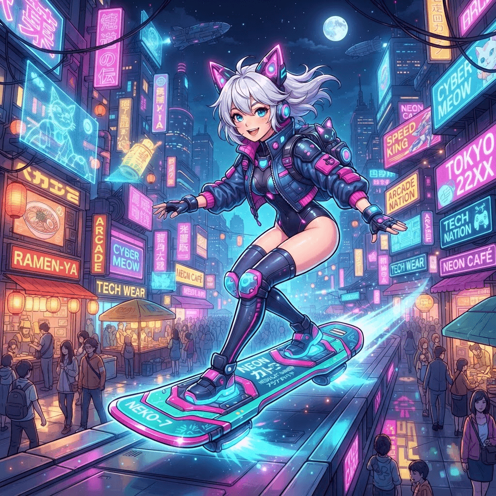 anime android girl with cat ears and a hoverboard, retro-futuristic neon plaza, glossy cel-shaded game art, vibrant, crisp high detail