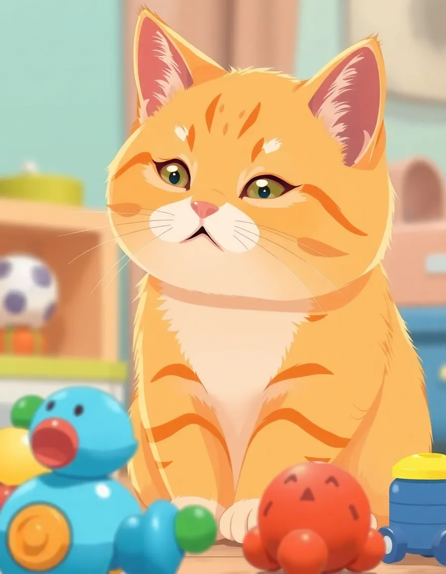 an anime cel-shaded, realistic illustration of a cute, chubby orange cat. the cat is observing children's toys.
