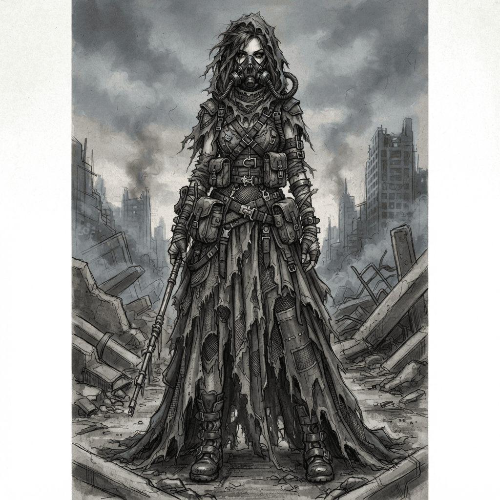 dystopian fashion, tattered layered utility wear, gas mask, buckles and straps, ash grey palette, full length gown look, fashion illustration, full body