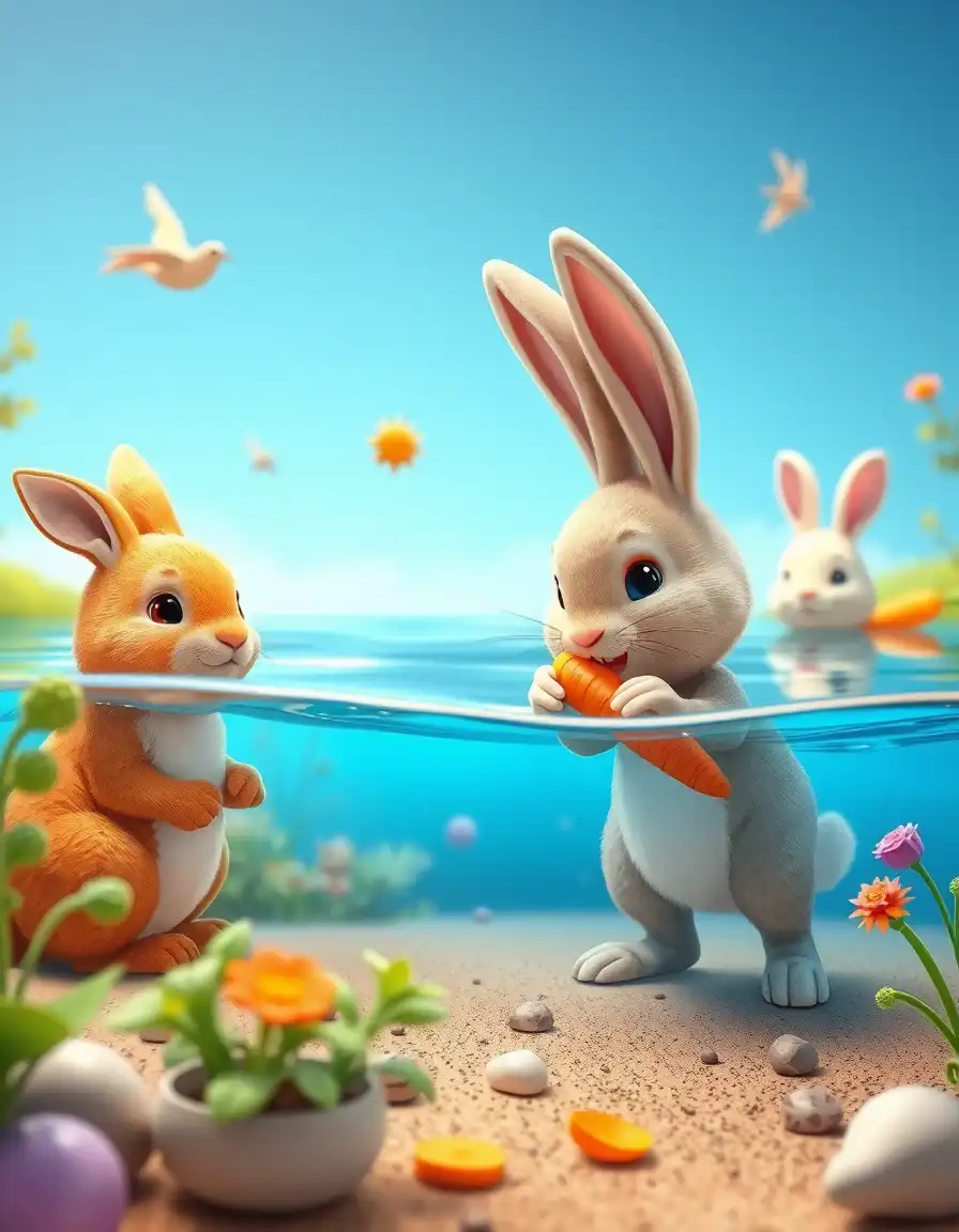 Little rabbit 3D cartoon style In a fores alot animal are in the surounding walking eating carrot with cute animal swimming with sharing carrot with cute animalcute animal playing with cute animal