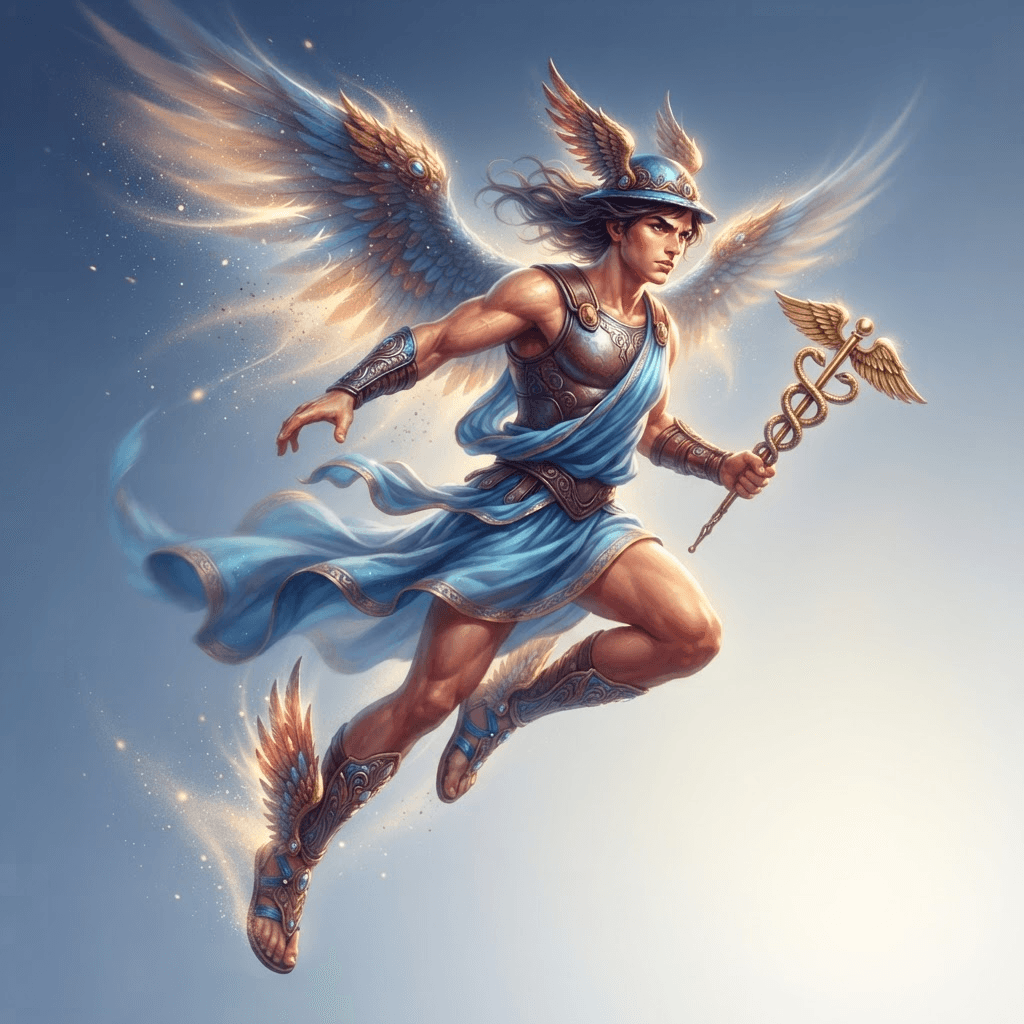 original character young Greek god messenger, winged sandals and winged helmet, athletic build, dynamic action pose