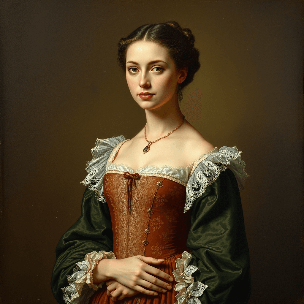 Peinture à l'huile dans un style dans le style de la Renaissance (ou du XVIIIe siècle), représentant une femme élégante avec une pose gracieuse. Elle porte une robe d'époque avec des détails raffinés en dentelle et broderies. Son visage est délicatement éclairé, avec un fond sombre et flou typique des portraits classiques. Le tableau est texturé, avec des coups de pinceau visibles et une patine ancienne. L’ambiance est douce et noble, évoquant les grands maîtres de la peinture.